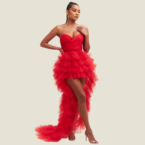 Gina Elegant Tulle Multi-Layer Mesh Maxi Dress Red