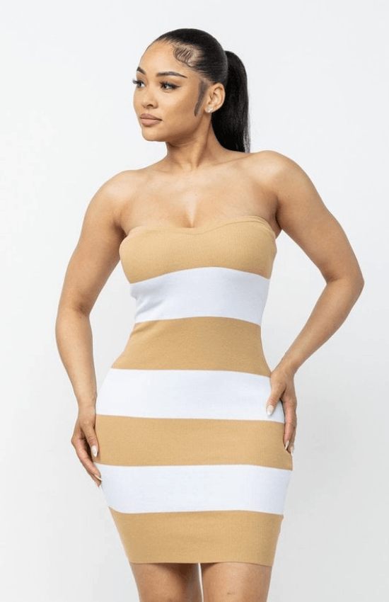 Karla Striped Tube Mini Dress-Taupe/White