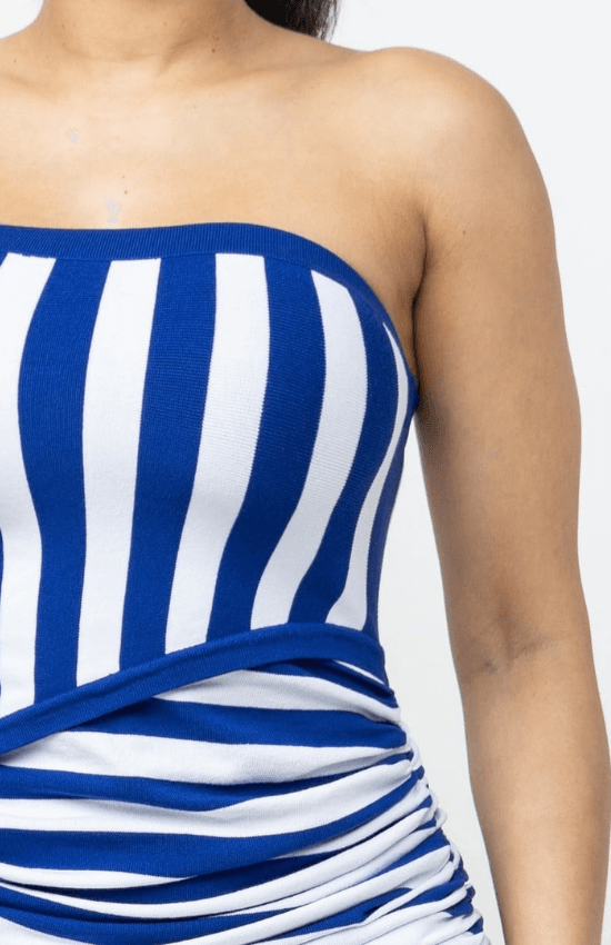 Fabiola Striped Side Rushed Tube Mini Dress-Royal/White