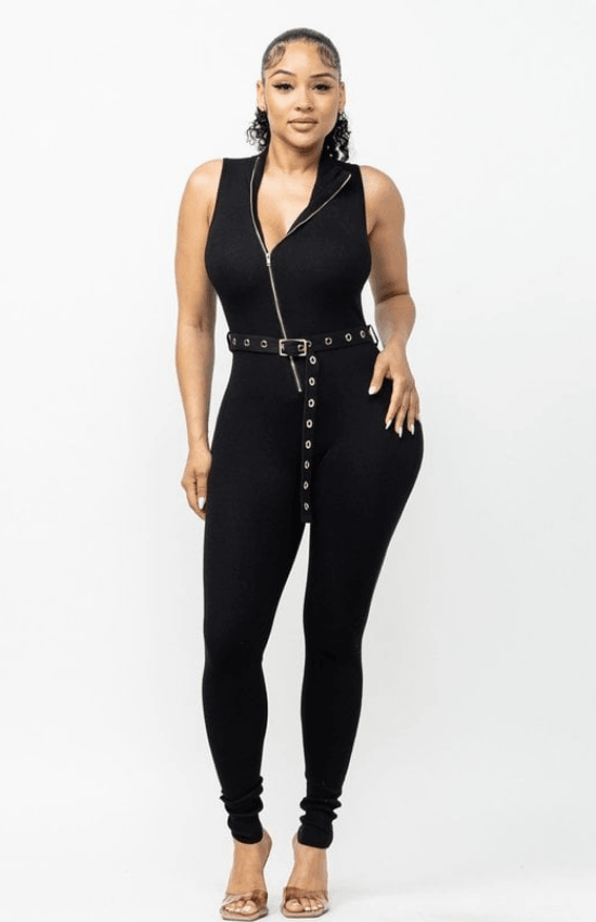 Tiandra Sleeveless Zipper Top Belted Jumpsuit-Black