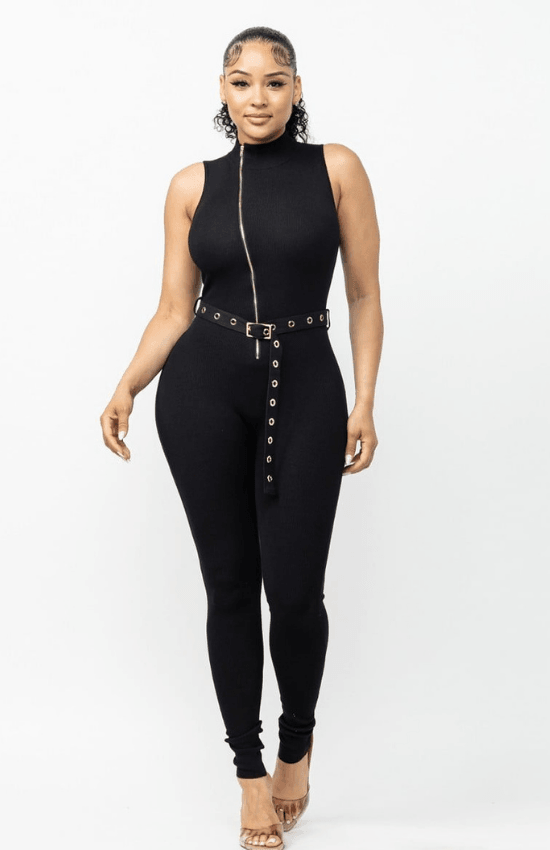 Tiandra Sleeveless Zipper Top Belted Jumpsuit-Black