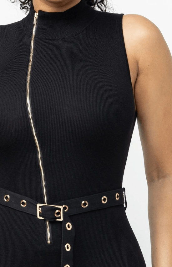 Tiandra Sleeveless Zipper Top Belted Jumpsuit-Black