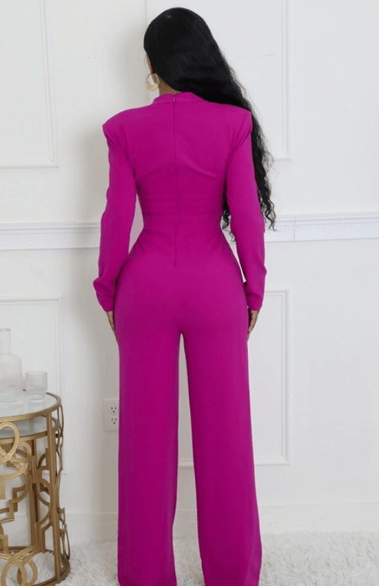 Gabriella Round Neck Long Sleeves Cut Out Zipper Closure Stretch Jumpsuit-Magenta