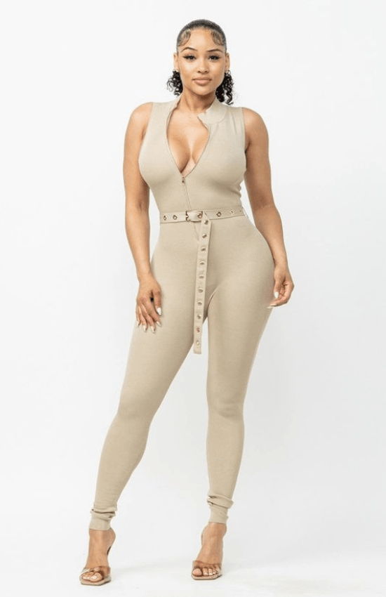 Tiandra Sleeveless Zipper Top Belted Jumpsuit-Stone