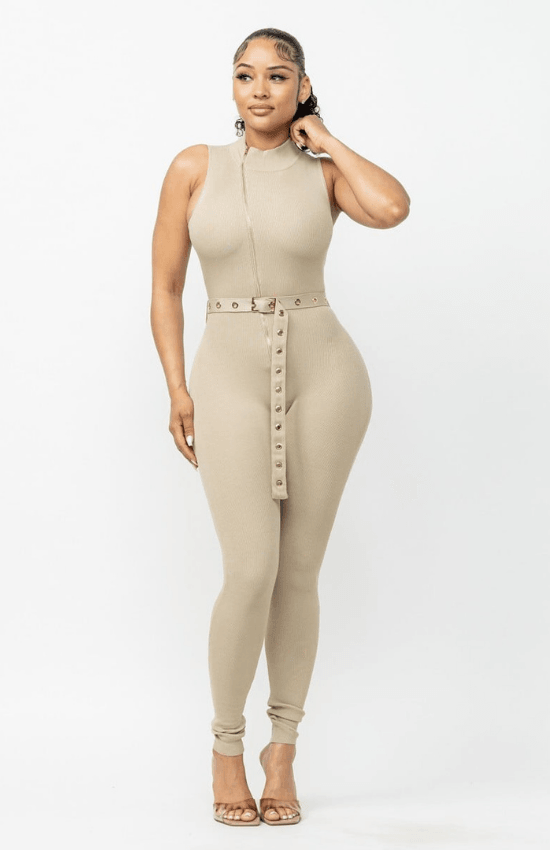 Tiandra Sleeveless Zipper Top Belted Jumpsuit-Stone