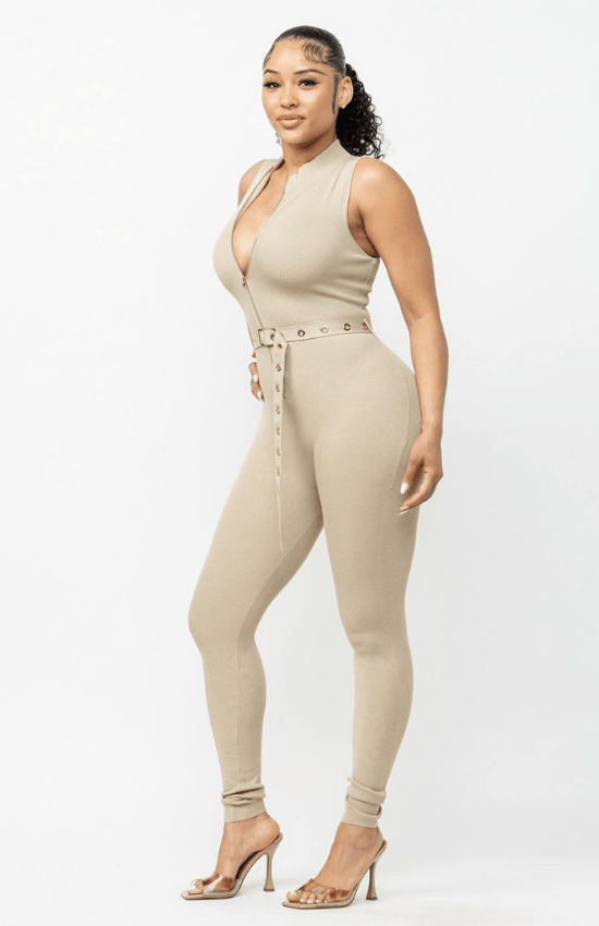 Tiandra Sleeveless Zipper Top Belted Jumpsuit-Stone