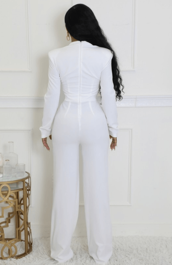 Gabriella Round Neck Long Sleeves Cut Out Zipper Closure Stretch Jumpsuit-Off White