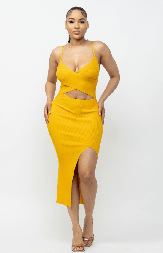 Briana Cross Top Side Slit Midi Dress-Mustard