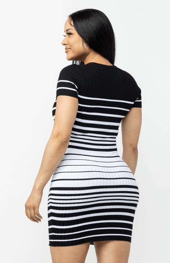 Betty Short Sleeves Stripe Mini Dress-Black/White