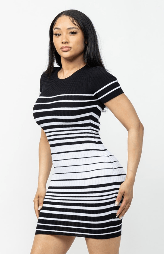 Betty Short Sleeves Stripe Mini Dress-Black/White