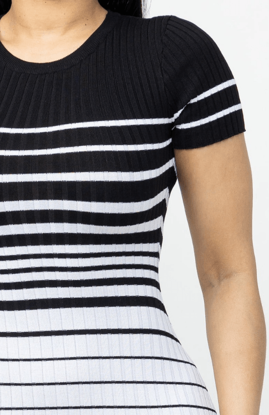 Betty Short Sleeves Stripe Mini Dress-Black/White