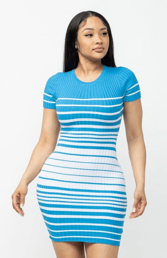 Betty Short Sleeves Stripe Mini Dress-Blue/White