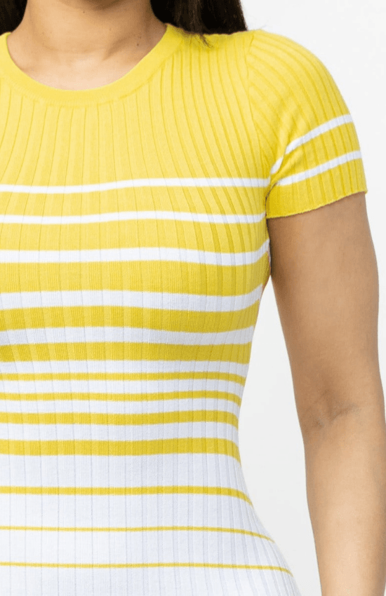 Betty Short Sleeves Stripe Mini Dress-Yellow/White