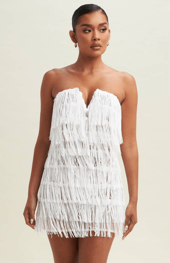 Tiandra Sequin Fringe Mini Dress-White