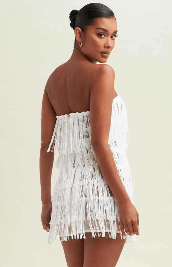 Tiandra Sequin Fringe Mini Dress-White