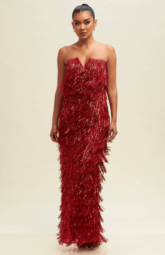 Alyssa Sequin Fringe Elegant Maxi Dress-Red