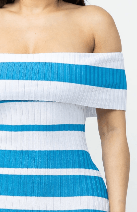 Lydia Off Shoulder Striped Midi Dress-White/Blue