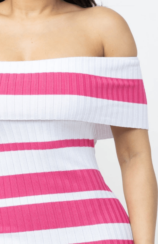 Lydia Off Shoulder Striped Midi Dress-Pink/White