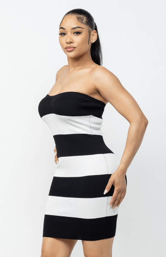 Karla Striped Tube Mini Dress-Ivory/Black