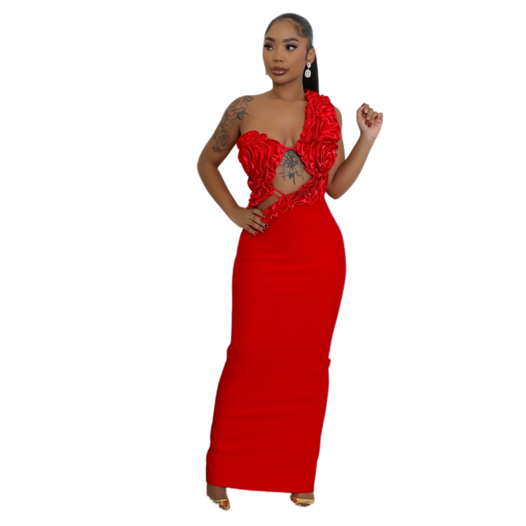 One Shoulder Sleeveless Cutout Ruffles Stretch Maxi Dress-Red