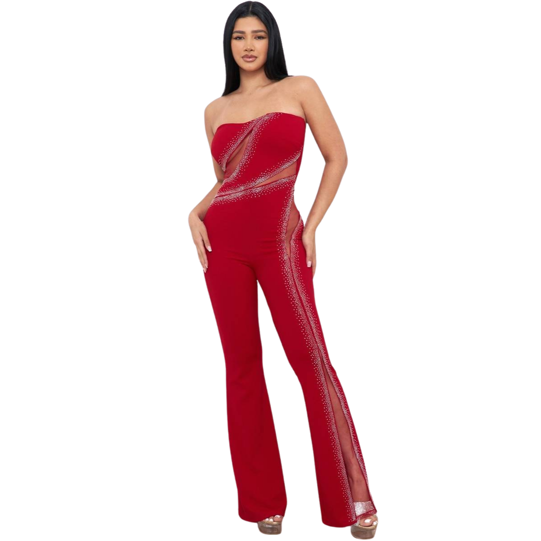 Erline Rhinestone with Cutout Jumpsuit Red