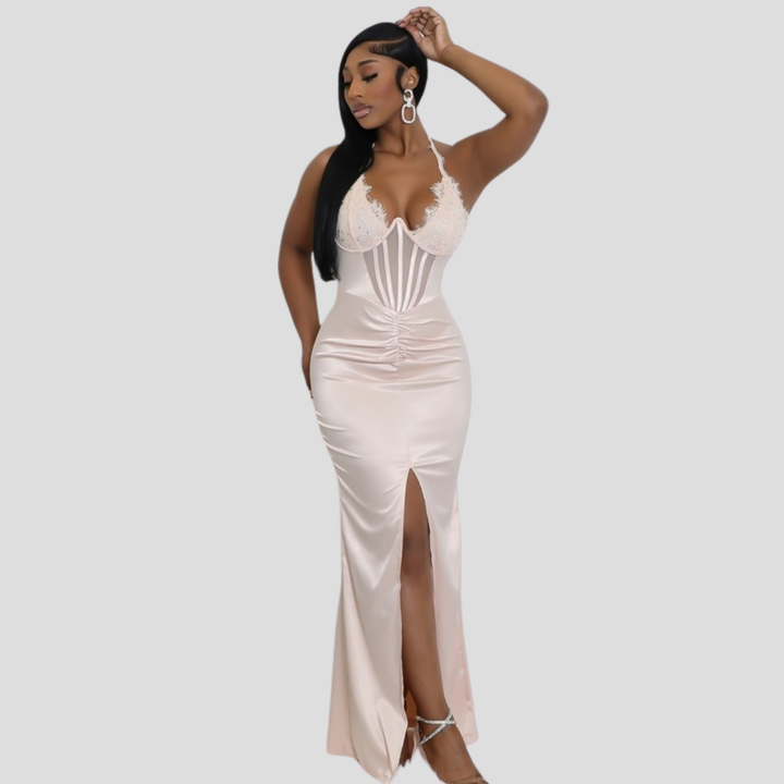 Lala Underwire Sheer Detail Halter neck Sleeveless Maxi Dress-Champagne