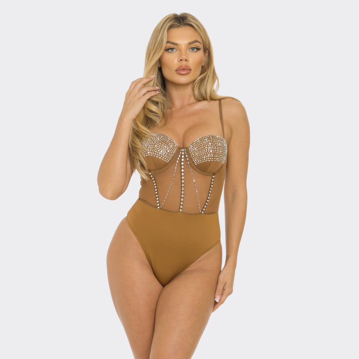 Lora Rhinestone Embellished Mesh Bodysuit-Brown