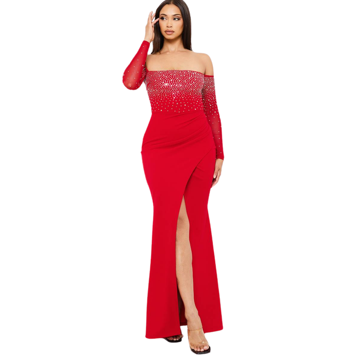 Nina Rhinestone Off Shoulder Maxi Dress-Red