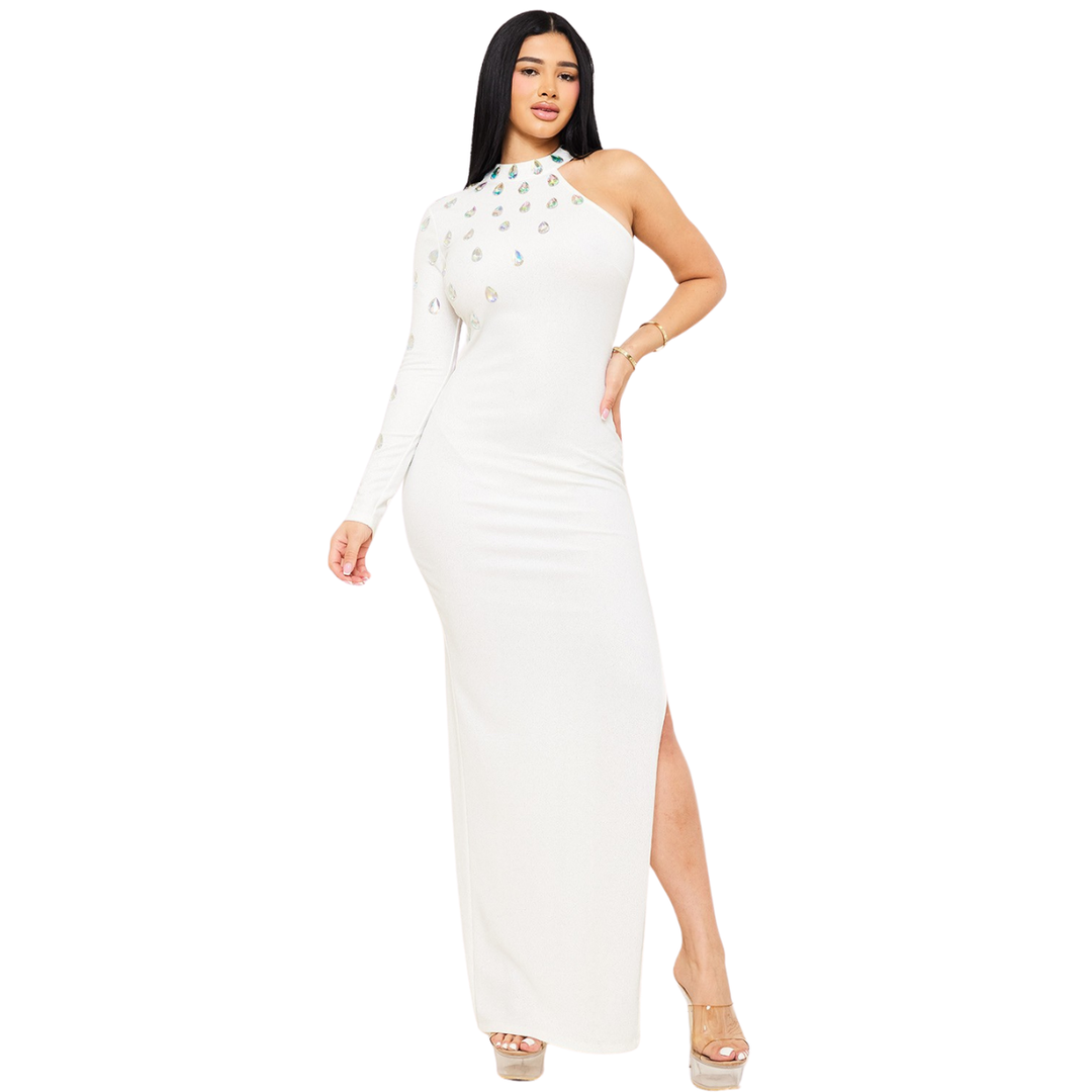 Saphira Rhinestone Teardrop One Shoulder Maxi dress-Ivory