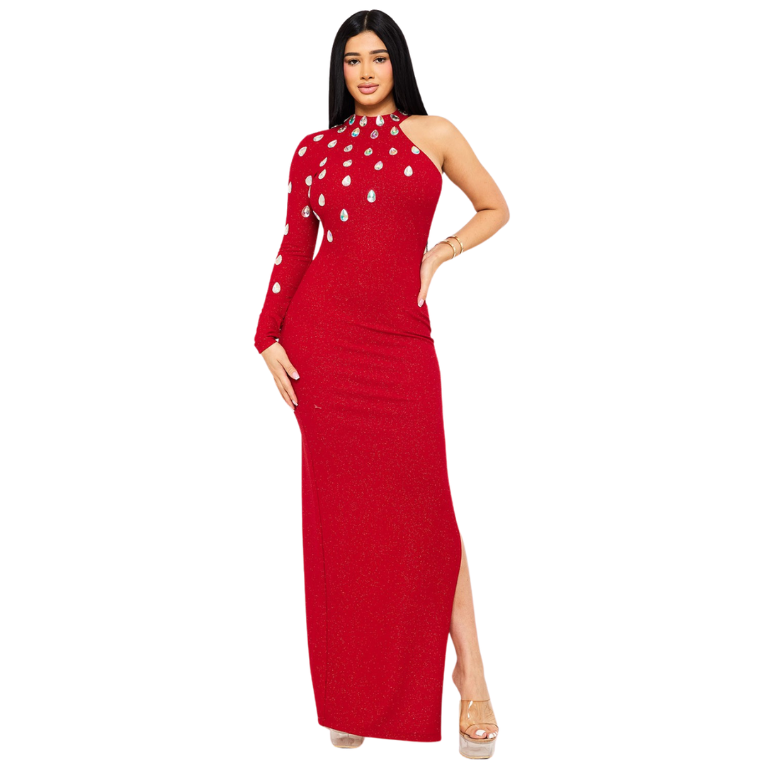 Saphira Rhinestone Teardrop One Shoulder Maxi Dress-Red