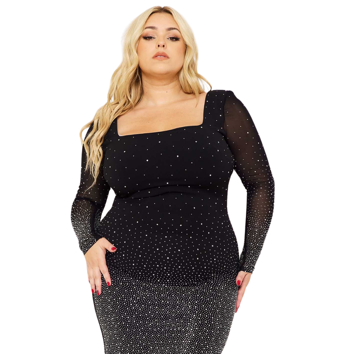 Gloria Long Sleeves Ombre Rhinestone Mesh Plus Size Mini Dress-Black