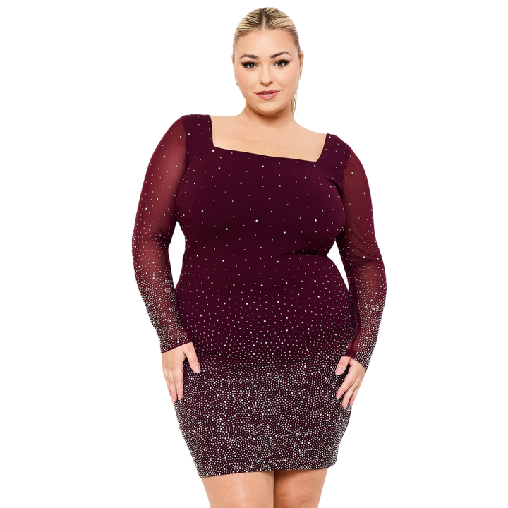 Gloria Long Sleeves Ombre Rhinestone Mesh Plus Size Mini Dress-Maroon