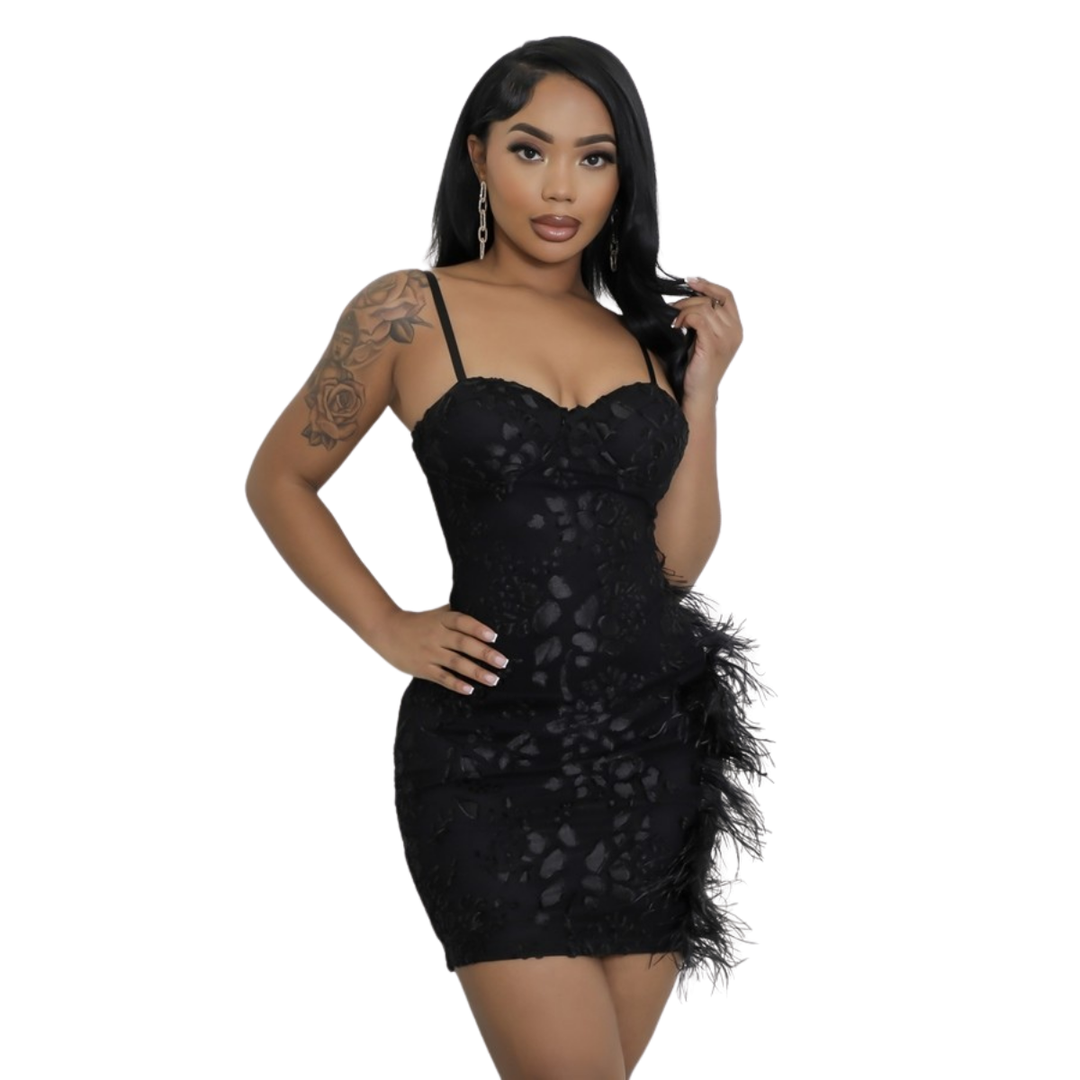 Giselle Semi-Stretch Adjustable Straps Faux Feathers Mini dress