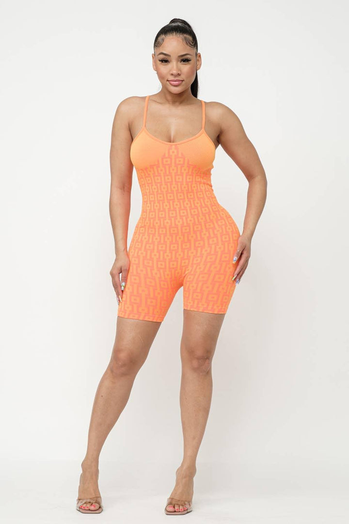 Lala Seamless Print Jacquard Spaghetti Strap Romper