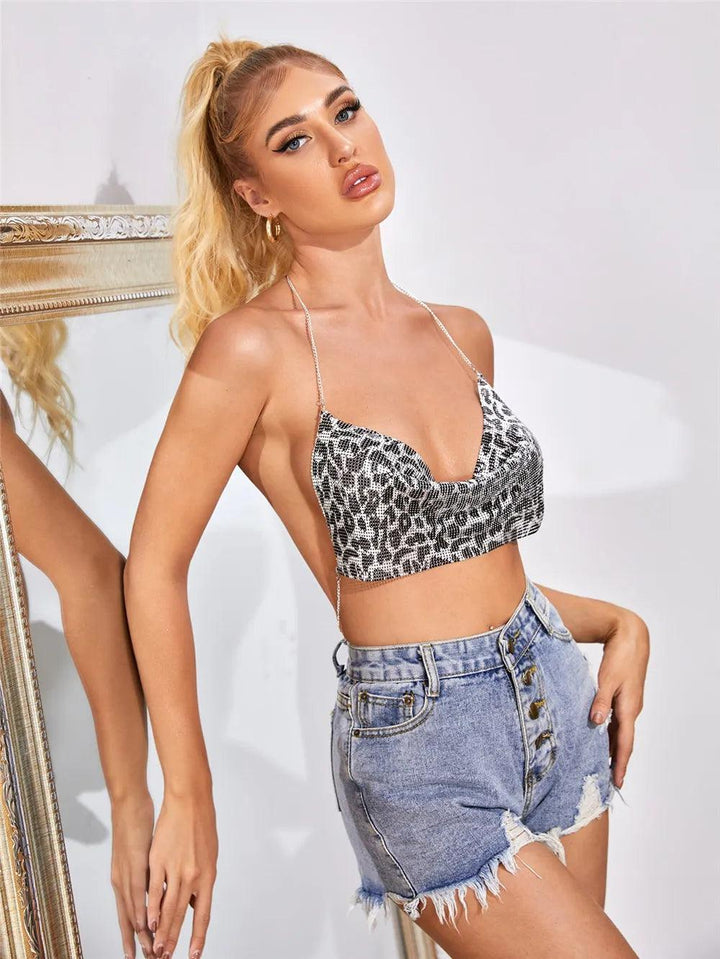 Mila Night out backless V-neck chain crop top.