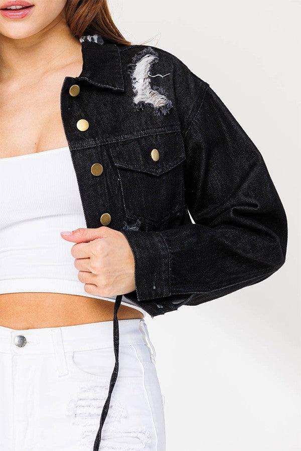 Niya String Front Button Denim Jacket-Black