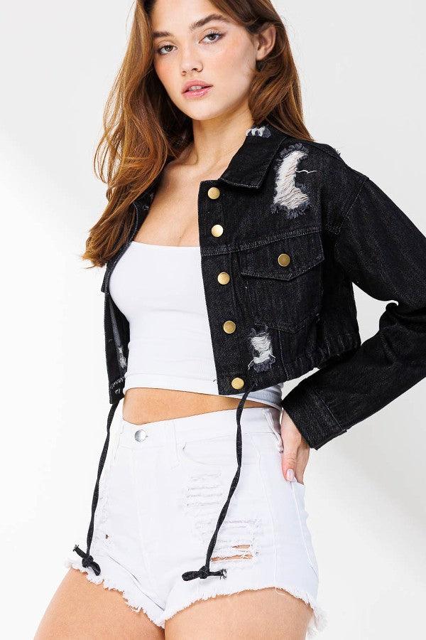 Niya String Front Button Denim Jacket-Black