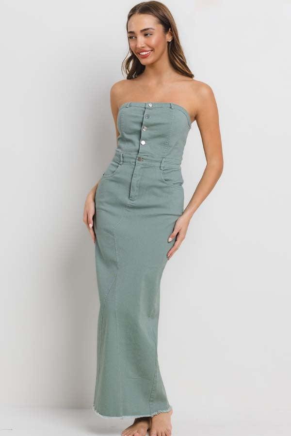 Betty Stretch Front Buttons Tube Maxi Dress-Sage