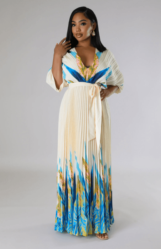 Malisia Pleated Self Tie Waist Floral Maxi Dress-Cream