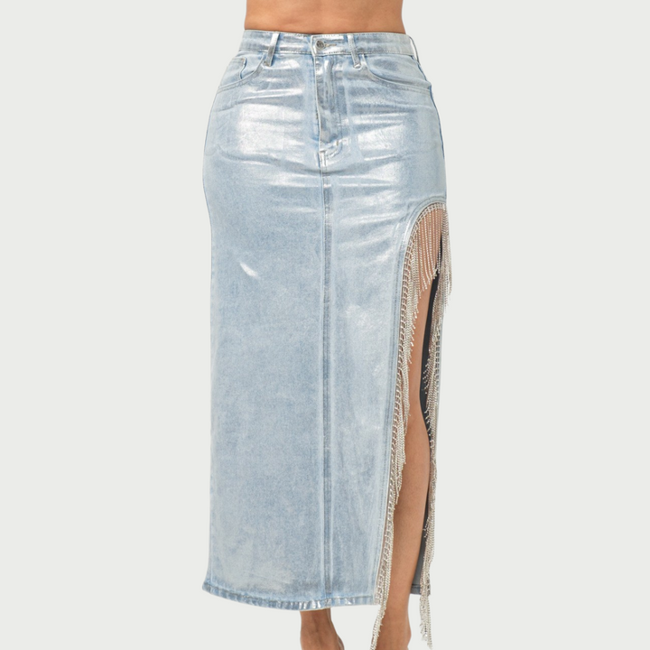 Lorie Metallic Foil Side Slit Denim Rhinestone Skirt