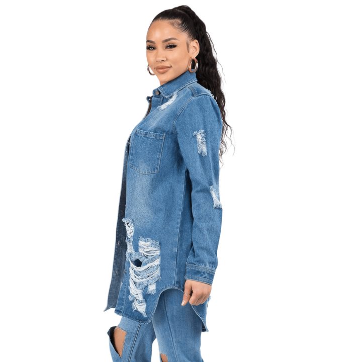 Laila Long Sleeves Denim Shirts Jacket-Medium Blue