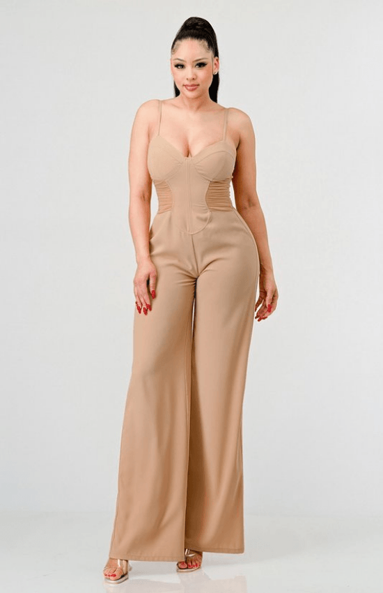 Sannie Chic Silky Sweetheart Side Mesh Jumpsuit-Taupe