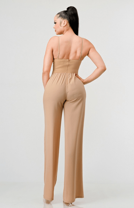 Sannie Chic Silky Sweetheart Side Mesh Jumpsuit-Taupe