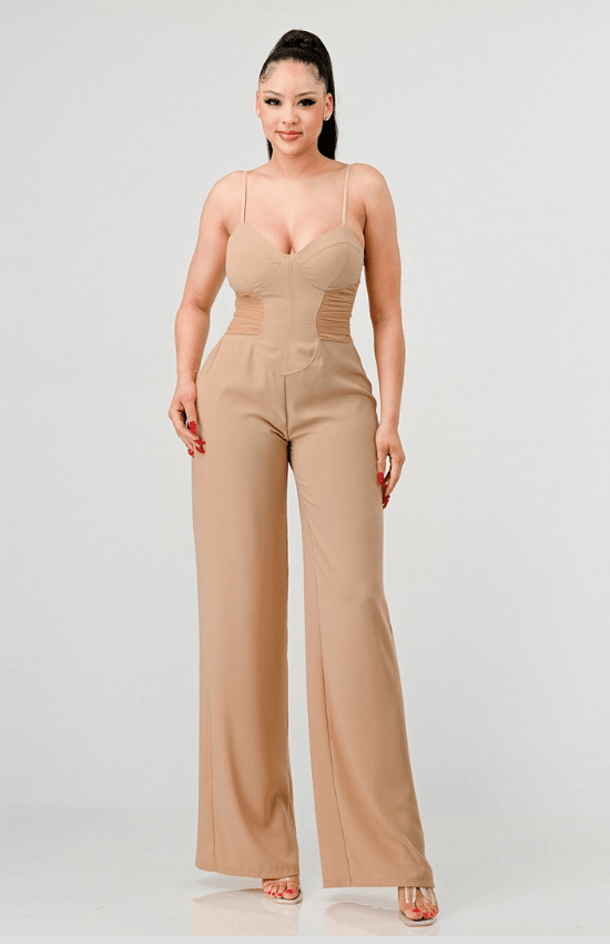 Sannie Chic Silky Sweetheart Side Mesh Jumpsuit-Taupe