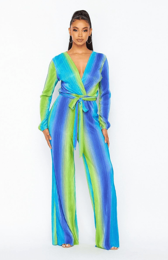 Malisia Long Sleeve Bowdre V-Neck Jumpsuit-Blue