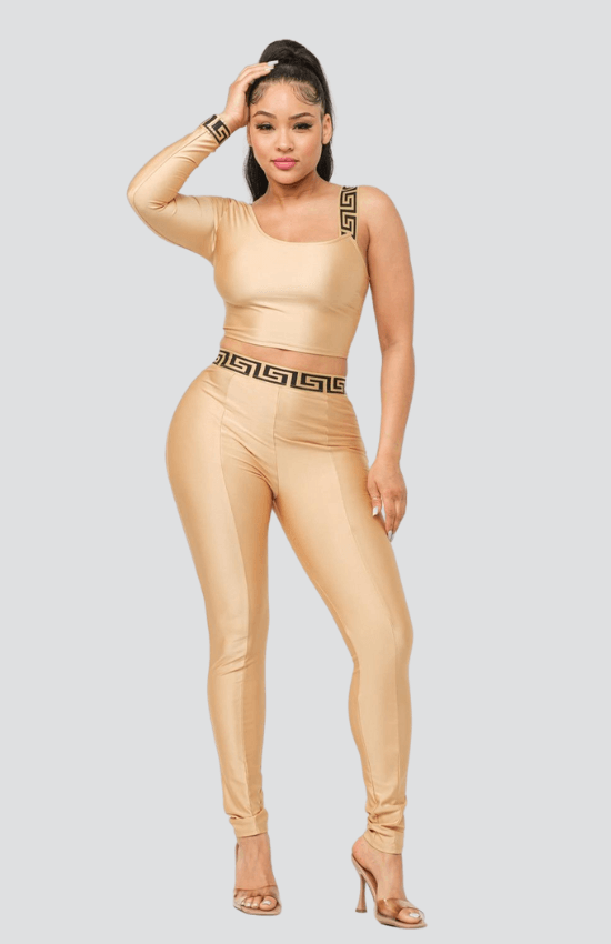 Sanny One Shoulder Band Trim Top and Leggins Set-Mocha