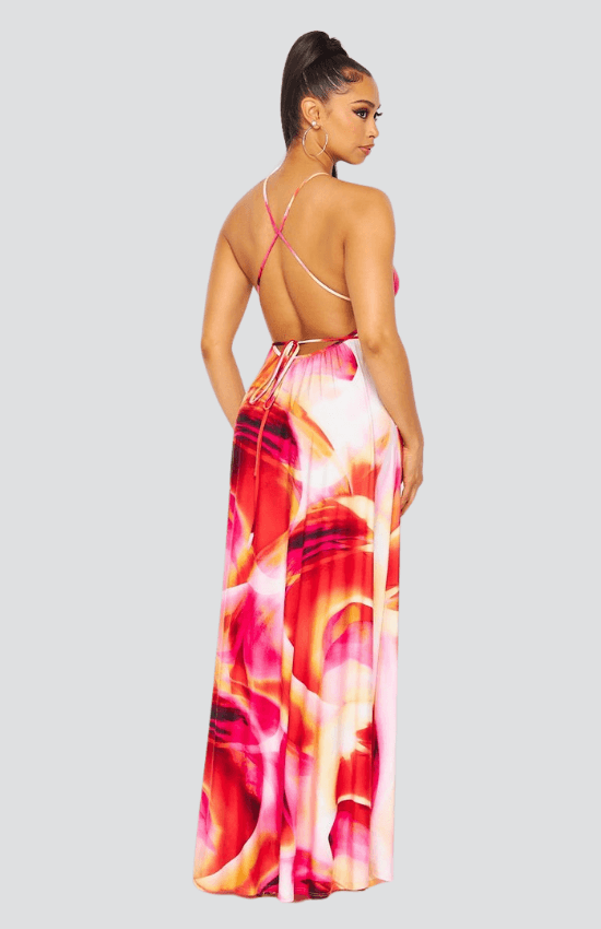 Claire Sleeveless Halter Neck X Back Floral Maxi Dress-Fuchsia