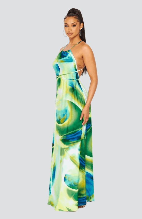 Claire Sleeveless Halter Neck X Back Floral Maxi Dress-Green