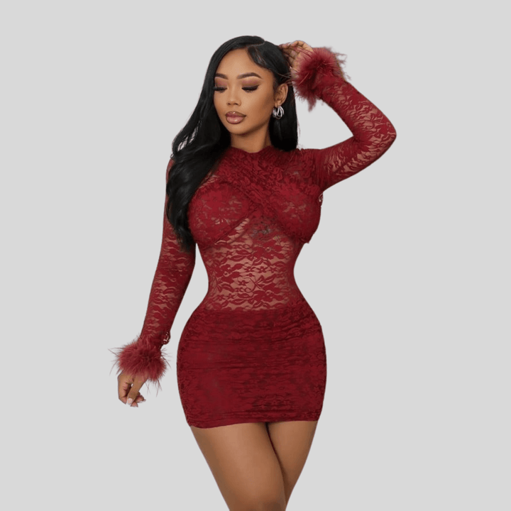 Jina Stretch Around Neck Long Sleeve Feather Elegant Mini Dress-Red