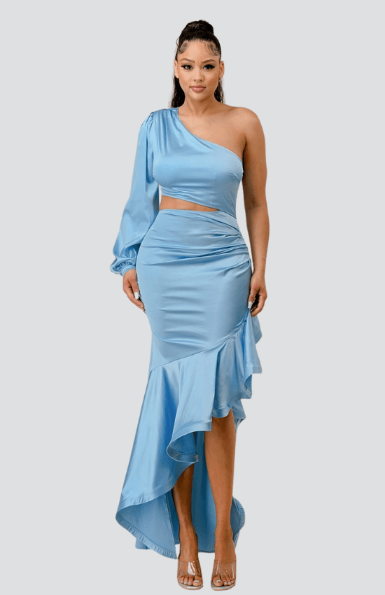 Sallie One shoulder Diagonal Ruffle Side Cut Maxi Dress-Light Blue